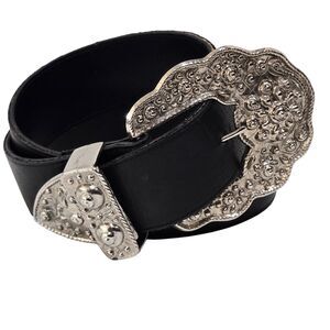 Vintage Womens L 31-35 Limited Belt Black Leather Big 3D Silver Buckle Rodeo 90s